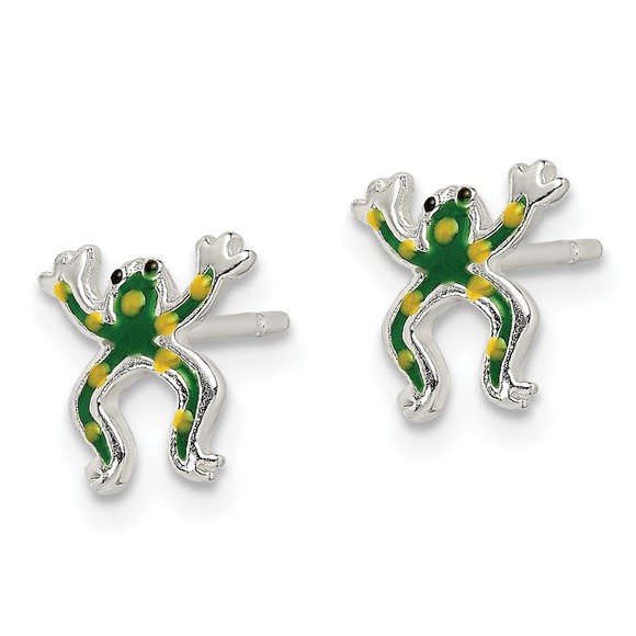 925 Sterling Silver Polished Enamel Frog Post Earrings - Picture 2 of 4